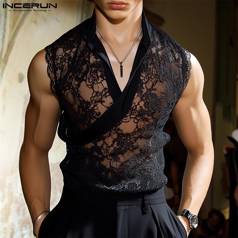 INCERUN Summer Men V Neck Sleeveless Patchwork Mesh Sheer Lace Tank Tops