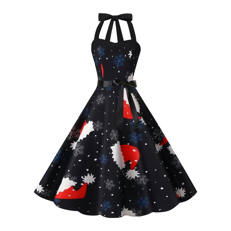 Fashion Style New Arrival Retro Hepburn Style Halterneck Christmas Print Shoelace Cinched Sleeveless Large Swing Dress Belt