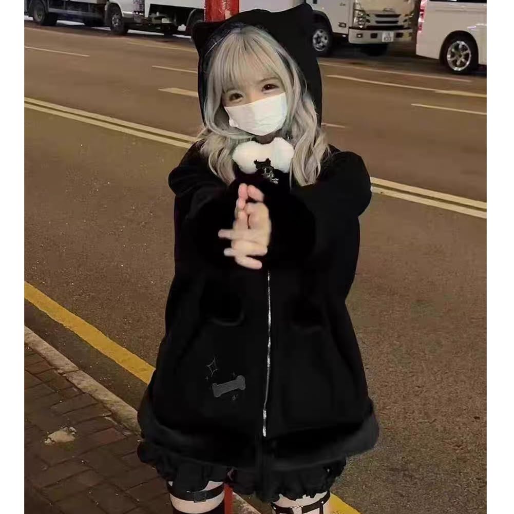 [SDSXZWG] Women's Cat Ear Hoodie, Cute, Subculture Style, Mass-Produced Type, Long Sleeved, Fleece Lined, Thick, Warm, Pockets, Hooded, Y2K Checkered