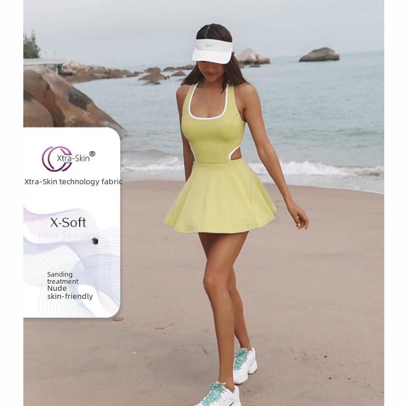 "High-End Nude Yoga Suit: Double-Layer Skirt and Hot Pants Swimsuit"