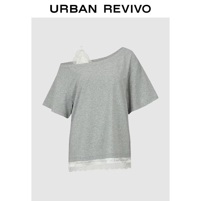 UR2026 Women s Asymmetric Shoulder Lace Patchwork Short Sleeve T-Shirt XS