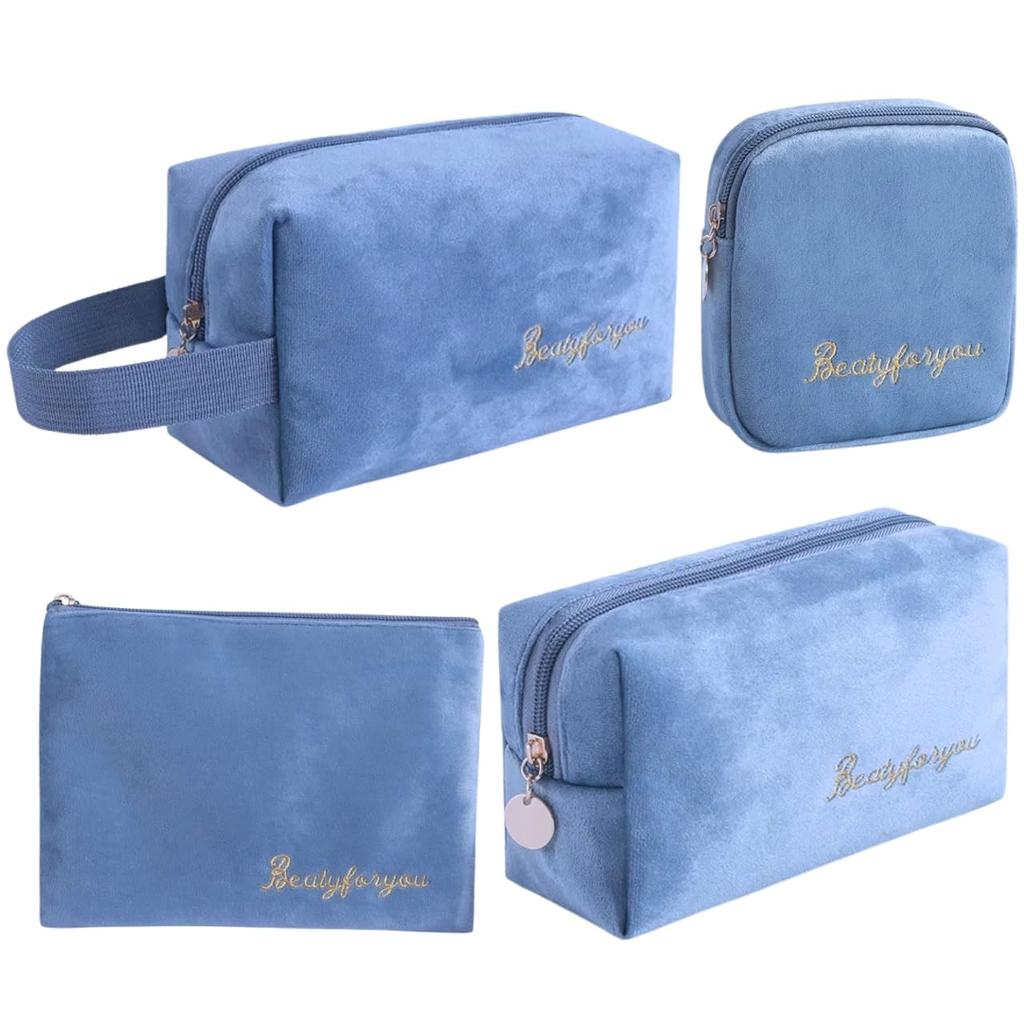 Hiro World Trade Velour Makeup Pouch Cute for Cosmetic Pouch 4-Piece Set, Women, (Blue)