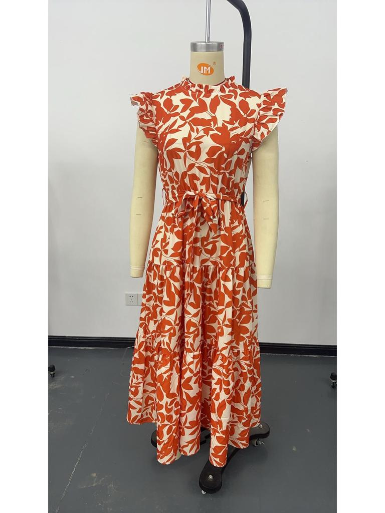 2026 New Summer Fashion Women's Ruffled Flutter Sleeve Lace-Up Printed Fairy Dress