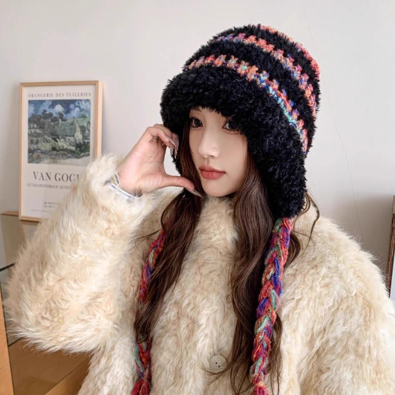 New Plush Hat Women's Autumn and Winter Warm Ear Protection Wool Hat Shows a Small Face Knitted Hat Bag Dual-purpose