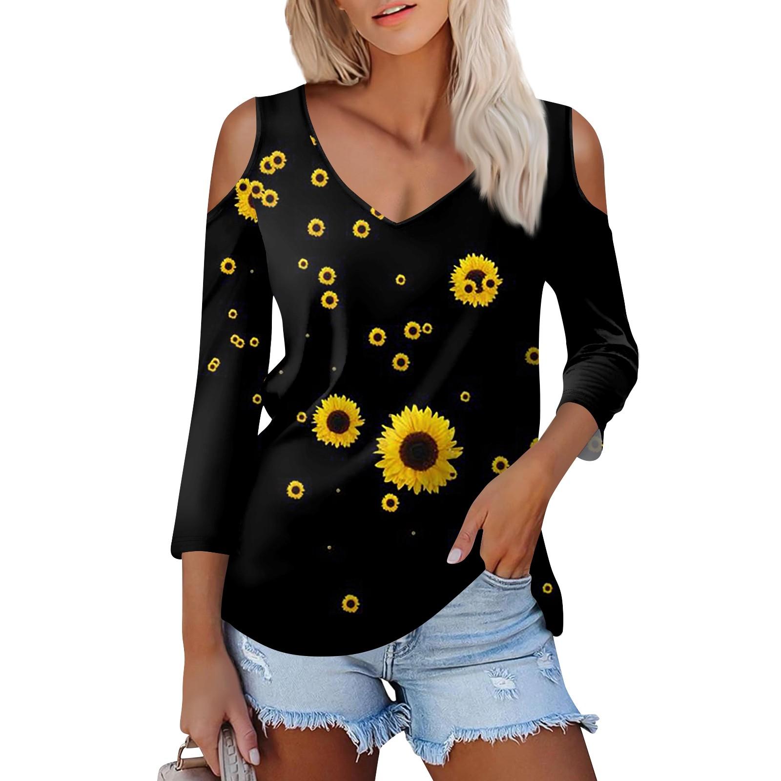 

Женская летняя модная повседневная футболка с открытыми плечами и рукавами 3/4 с принтом и v-образным вырезом L чёрный