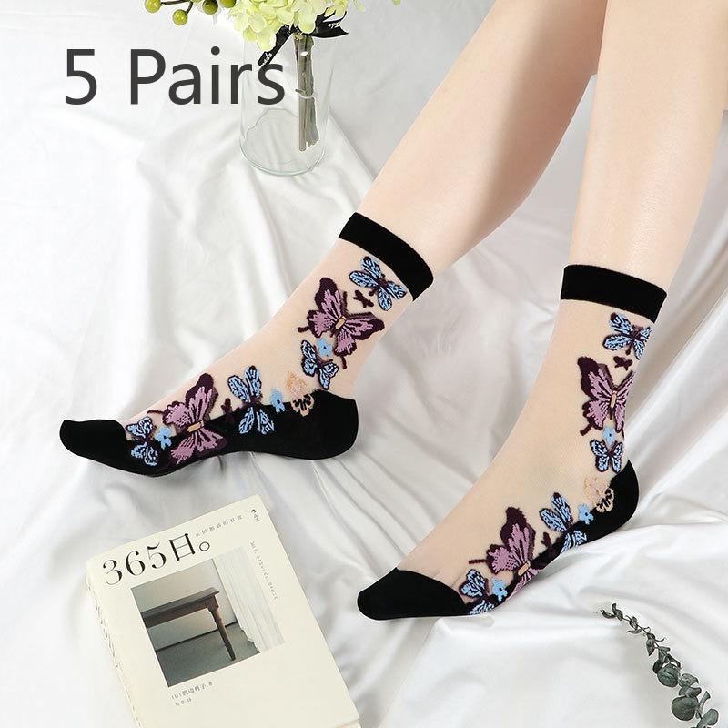 

5 пар женских летних носков средней длины из хрустального шелка, трендовых и подходящих ко всему 5 Pairs чёрный/белый