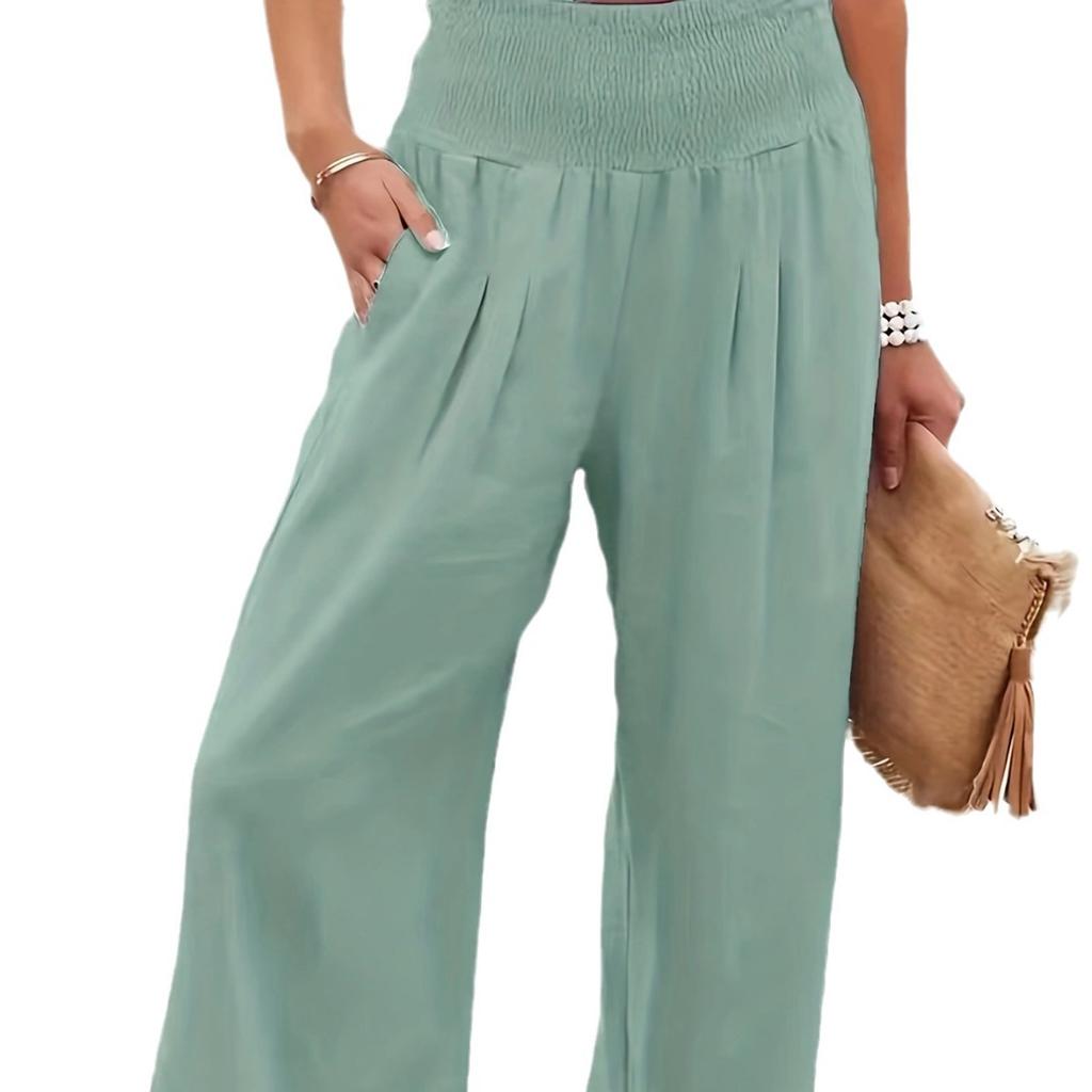 Plus Size European and American Cross-border Spring and Summer New Casual and Versatile Solid Color Elastic Pocket Wide-leg Pant