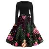 Women's Fashion Round Casual Slim Fit Christmas Print Large Swing Long Sleeve Dress