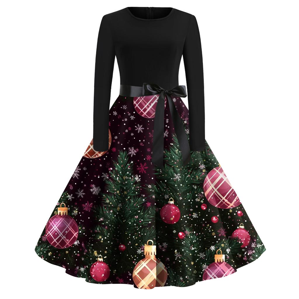 Women's Fashion Round Casual Slim Fit Christmas Print Large Swing Long Sleeve Dress
