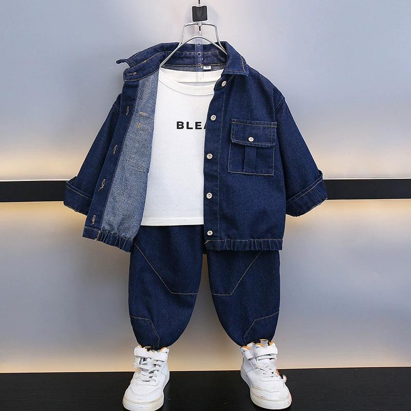 Boys Spring and Autumn Denim Suit Children's Ruffian Handsome Western Style Solid Color Two-piece Suit