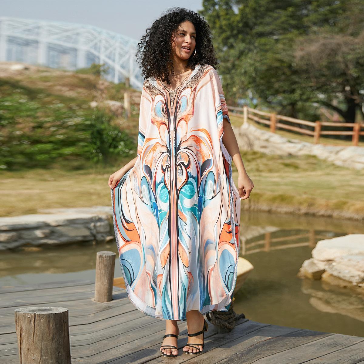 

Женская мода лето весна цвет блок принт рукава 1/2 V-образный вырез свободная талия повседневные платья Size: One Size