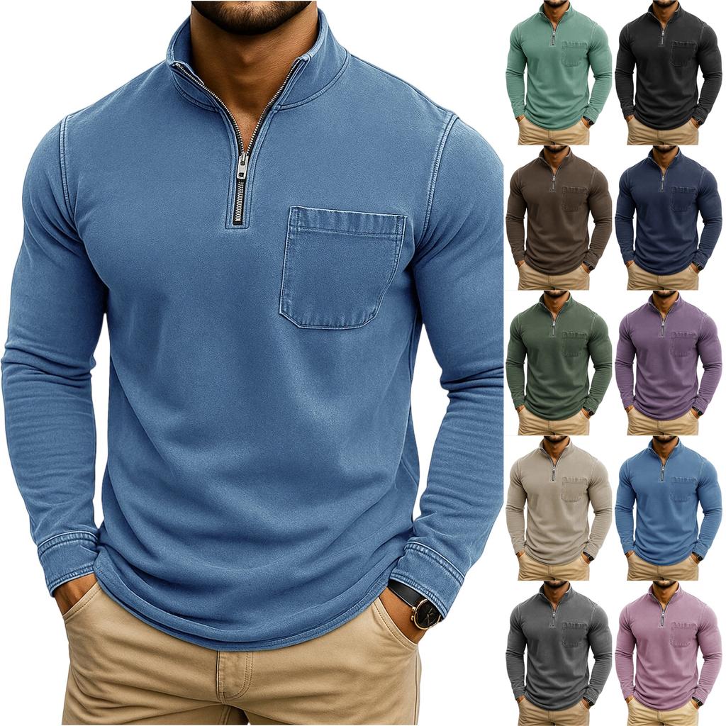Men's Fashion Solid Color Retro Casual Washed Outdated Quarter Zipper Pocket Long Sleeve T-shirt Top