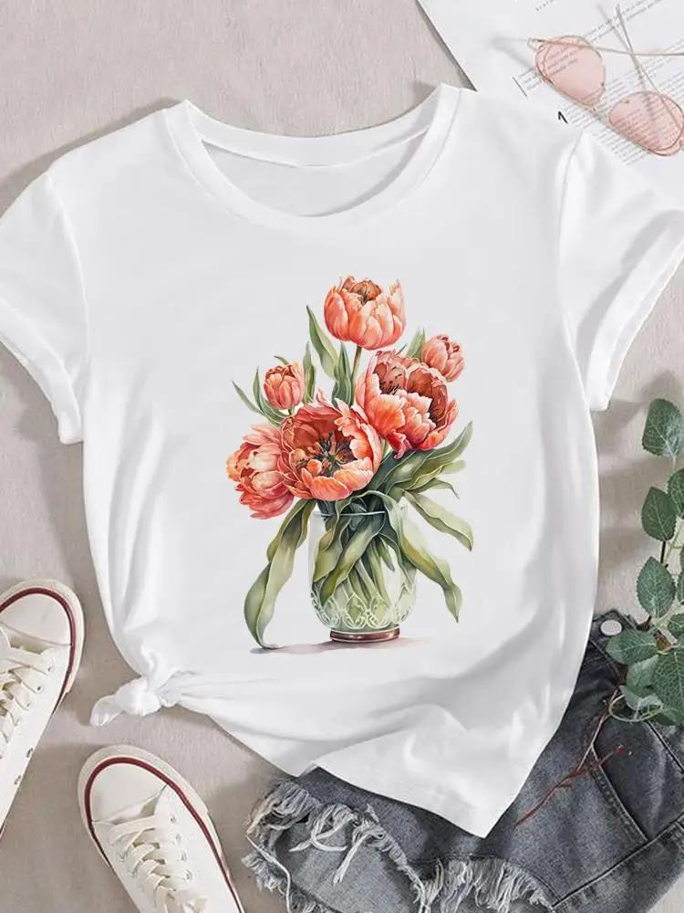 Mode T-Shirt Damen Weiblich Damen Kurzarm Kleidung 90er Trend Blume Süß Grafik T-Shirt Druck Oberteil Kleidung Tee