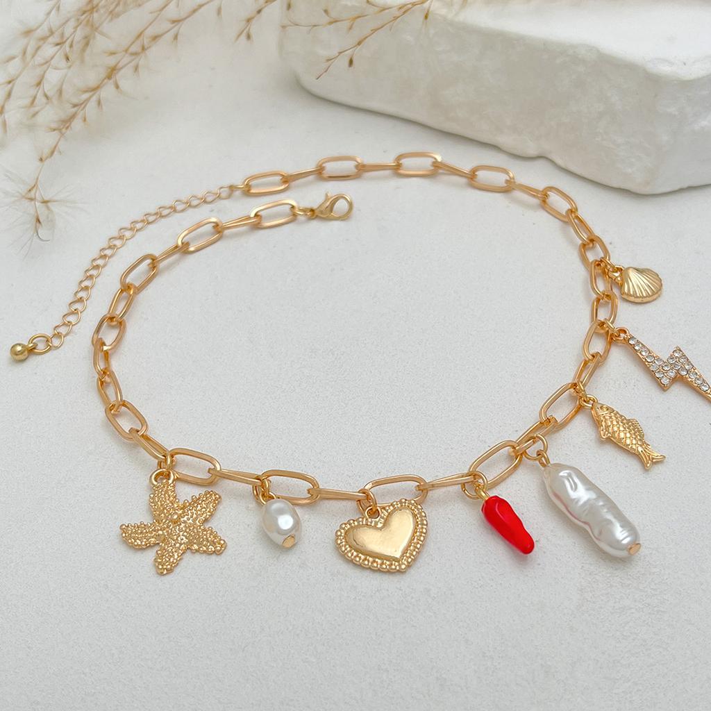 Ocean Inspired Chunky Shell Starfish Pendant Necklace Summer Beach Jewelry Gift Elegant Clavicle Chian for Women