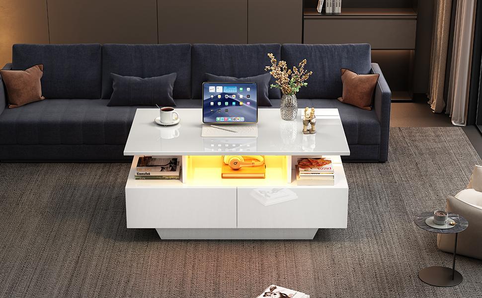 Modern High-Gloss Coffee Table with LED Lighting and 2 Drawers – Stylish 90x55x41 cm Side Table with Storage, Load Capacity up to 30 kg