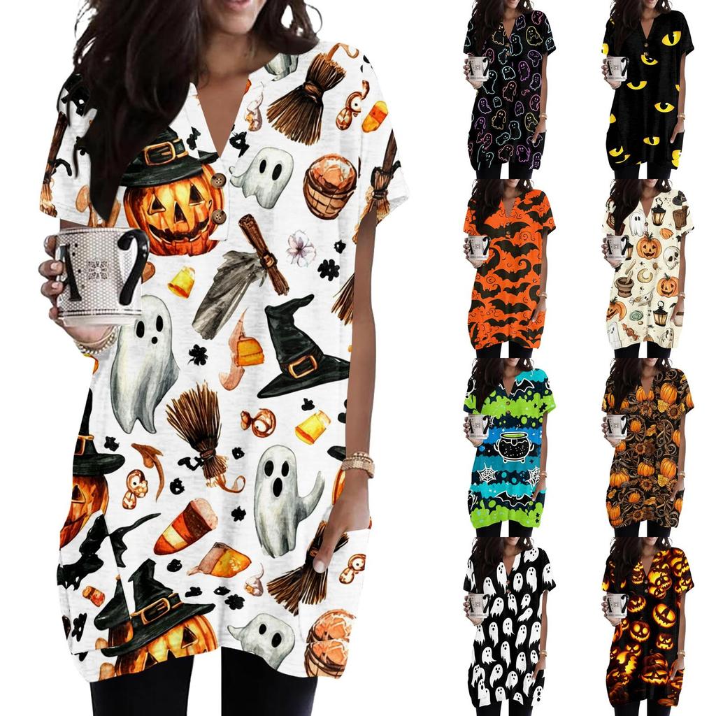 Women's Halloween V-Neck Short Sleeve T-Shirt with Pocket, Pullover Top, Printed Graphic Tee