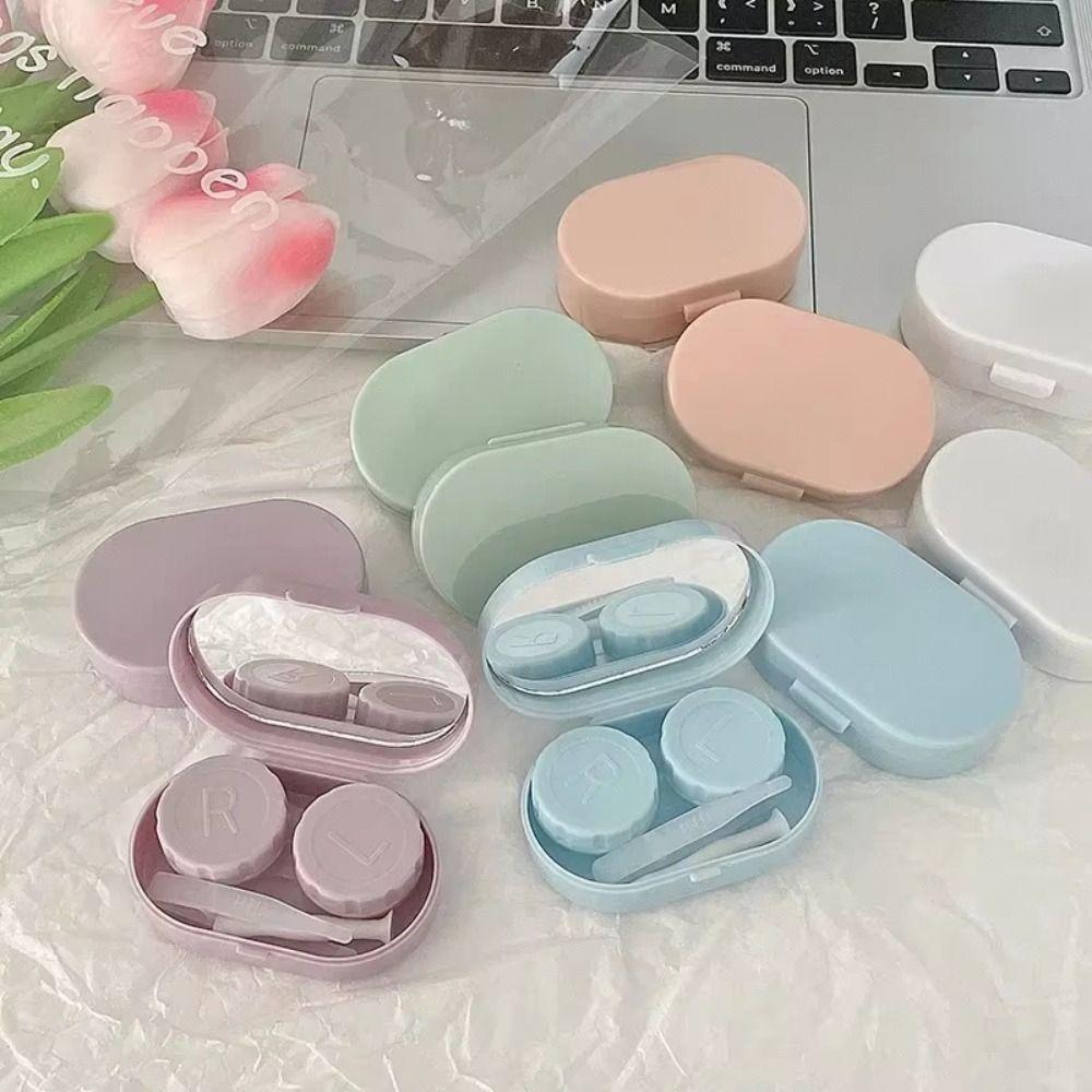 With Mirror Eye Care Kit Creamy Color Storage Box Portable Contact Lens Case  For Women
