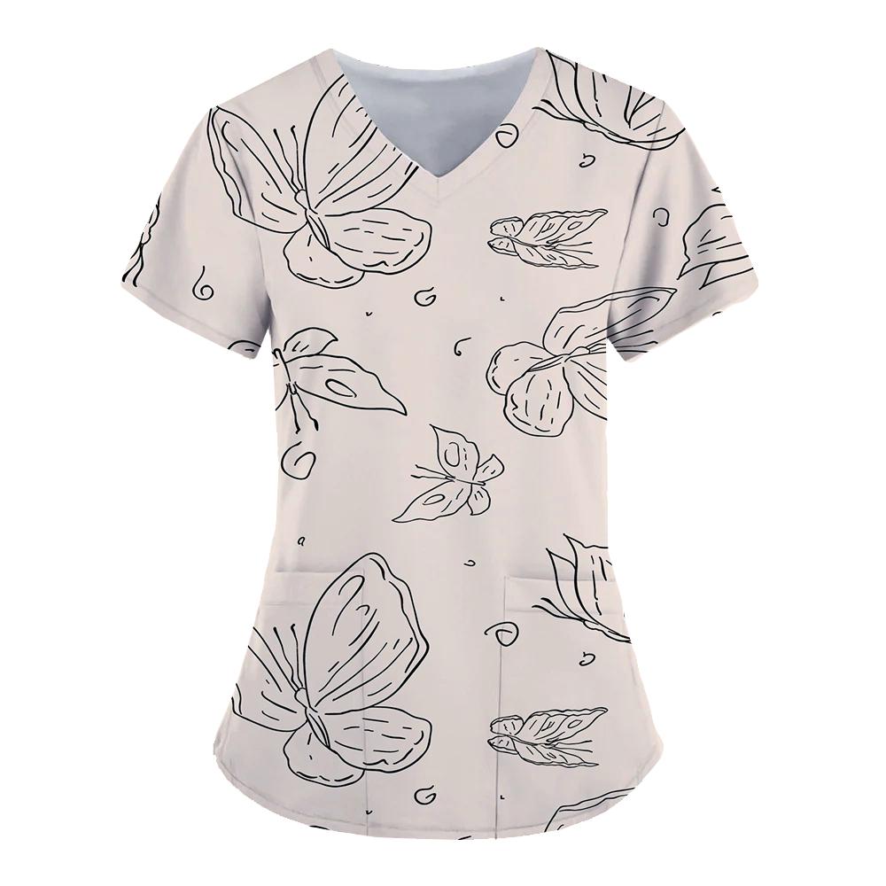 Women's Nurse Uniform Simple Star 3D Print Tops V-neck Pockets Medical Uniform Nursing Surgical Gown Tops Work Clothes