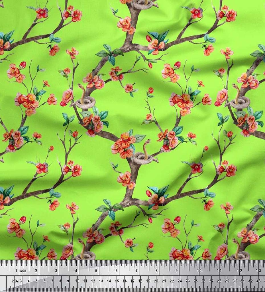 Soimoi Japonská krepová saténová látka Had, listy a květy, květinový potisk v metrech 42 palců