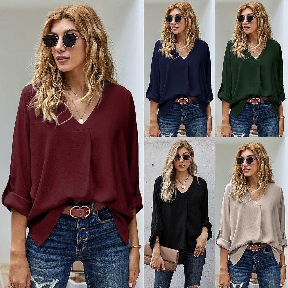 Plus Size Women's Loose Irregular V-Neck Long-Sleeve Top