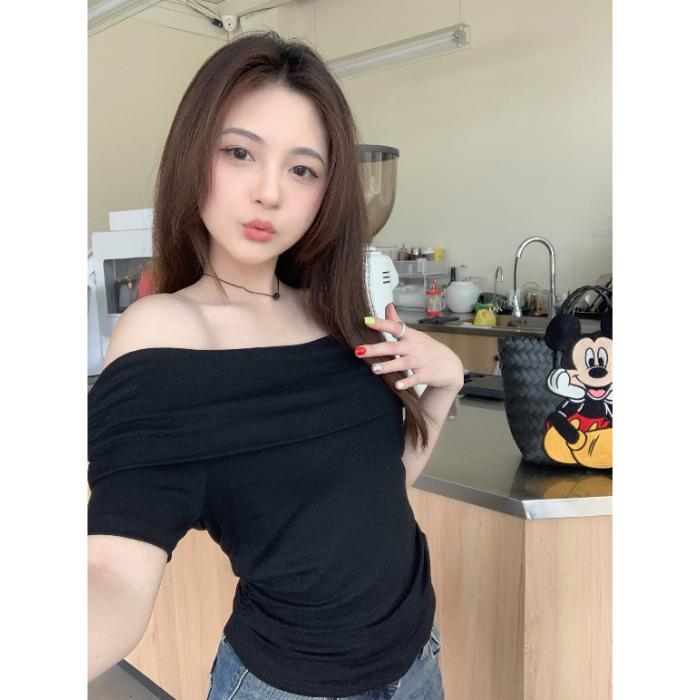 French One-word Shoulder Short-sleeved T-shirt Women's Summer High-end Temperament Off-the-shoulder Hottie Pure Desire To Look Thin Chic Top Ins