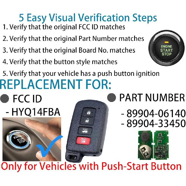 Smart Key Fob for Toyota Camry 2012-2017, Alliskeys Proximity Remote Control Key Fob Compatible for Toyota Camry Avalon Corolla 2013-2018 HYQ14FBA