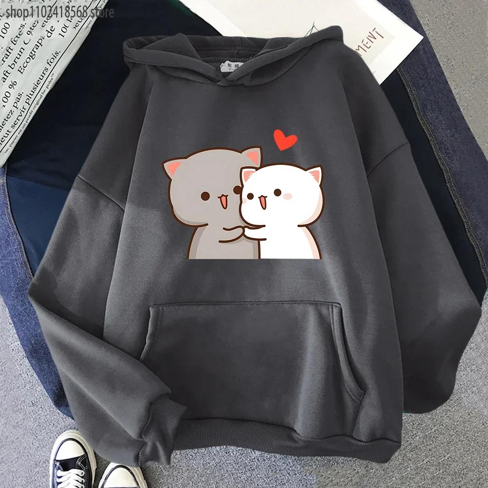 Cartoon Cute Peach Cat Hoodies Women Aesthetic Clothing Kawaii Sweatshirts for Girls Winter Fleee Pink Tops Long Sleeve