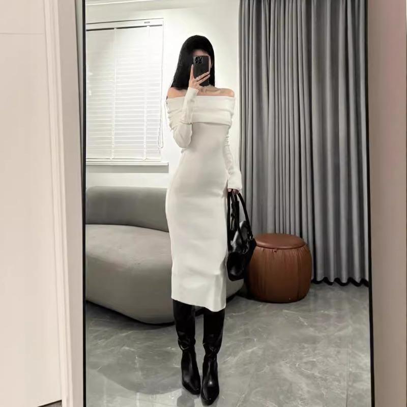 Niche Design Pure Desire Style Sexy One-word Shoulder Slim Fit Hip Temperament Long Skirt Off-the-shoulder Bottoming Knitted Dress