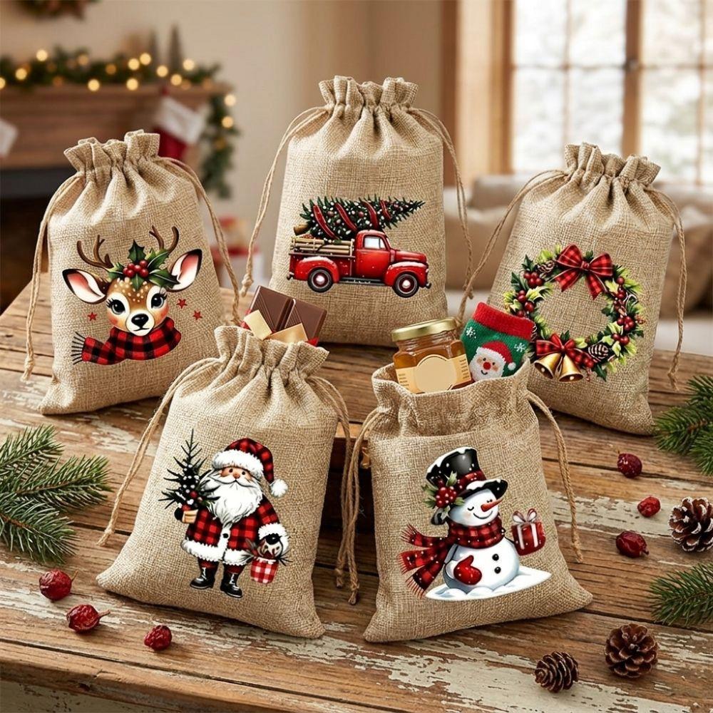 5/12Pcs Linen Style Christmas Drawstring Gift Bags Santa Claus Vintage Snowman Reindeer Sack Red Truck Christmas Tree