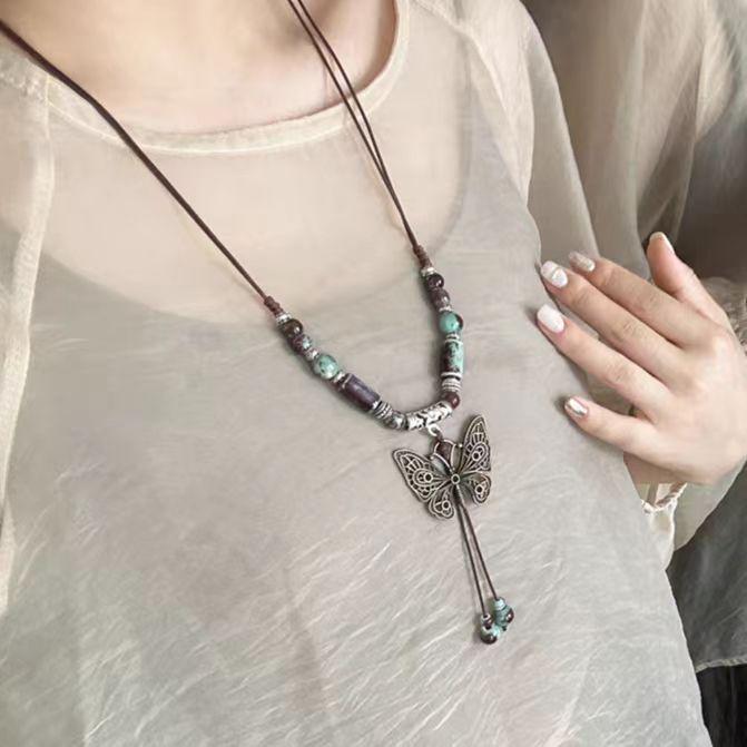 Qingge Ethnic-Style Butterfly Pendant Necklace for Women