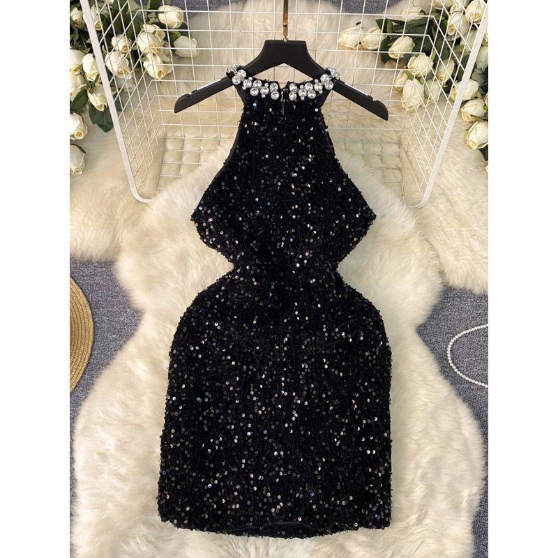 Accessible Luxury Gold Style Fancy Halterneck Dress Female Summer Sequin Diamond-Studded Design Niche Style Socialite Temperament Hip Skirt