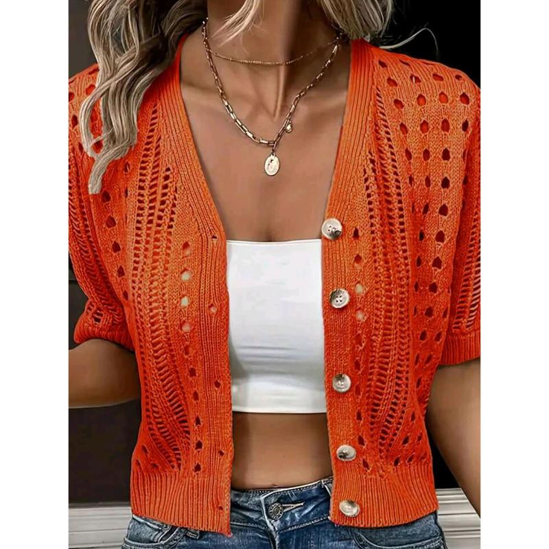 Knitted Women's Hollow-out Cardigan for Summer Women's Hollow-out Short Sleeve Cardigan Coat Short Sleeve Button Down Knit Jacket Hollow-out Design