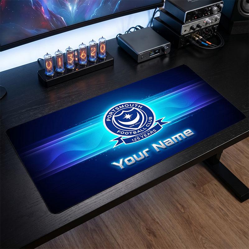 Portsmouth FC Custom Large Mouse Pad, Personalized Name Text Print, Football Logo Non‑Slip Desk Mat Gaming Gift