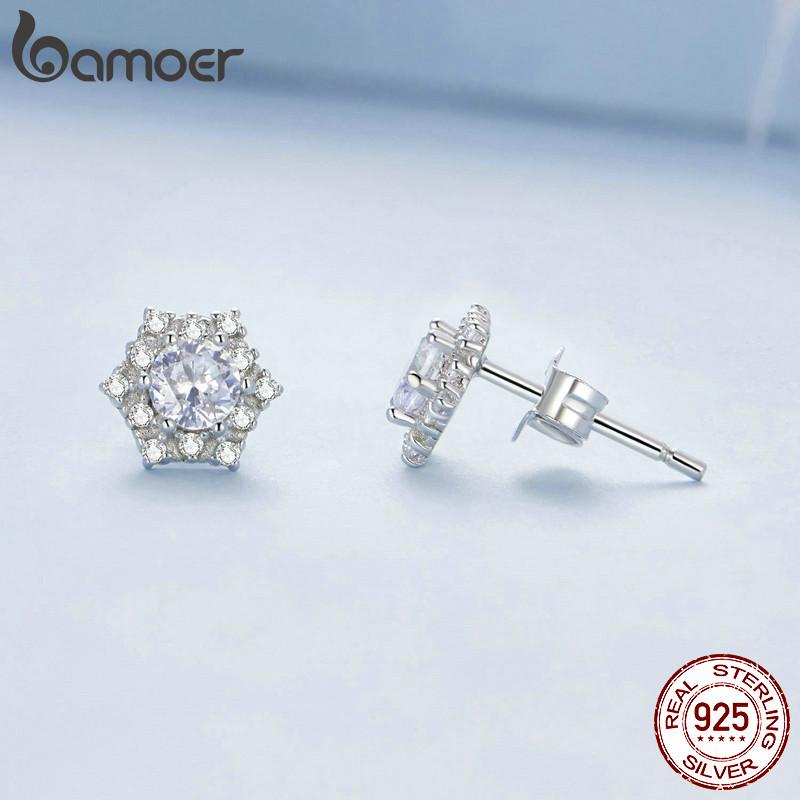 Bamoer 925 Sterling Silver Snowflake Pendant Necklace Shiny Cubic Zirconia Stud Earrings For Women Jewelry Set