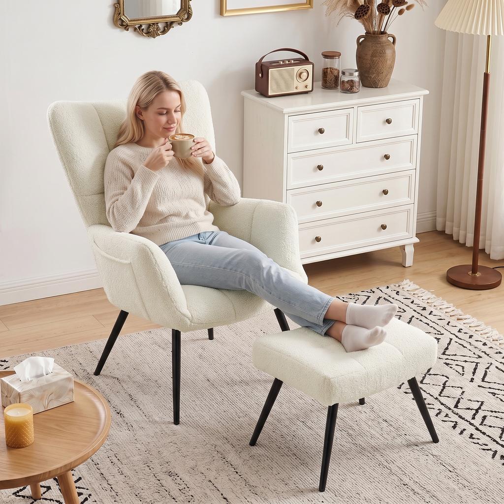 Lounge Chair with Footrest, Plush Teddy Upholstered Accent Chair, High Back, Side Pockets, Beige