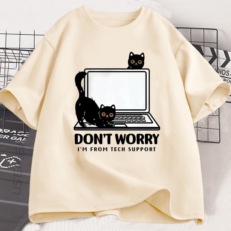 Summer New Don't Worry I'm From Tech Support Cat T Shirt Funny Cat T-Shirt Cat Lover Tee Gift Clothes Summer Cotton Short-sleeve