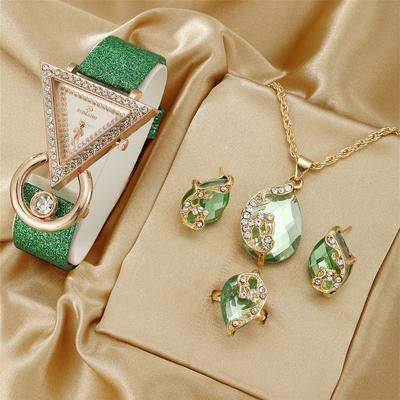 Women Rhinestone Quartz Watch Necklace Earrings Ring Jewelry Set