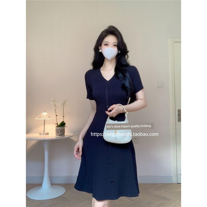 

Amy s Store Export Quality Knitting Summer V Neck Waist-Controlled Slim Fit Slimming Hip Ice Silk Knitting Dress A- Line Black S