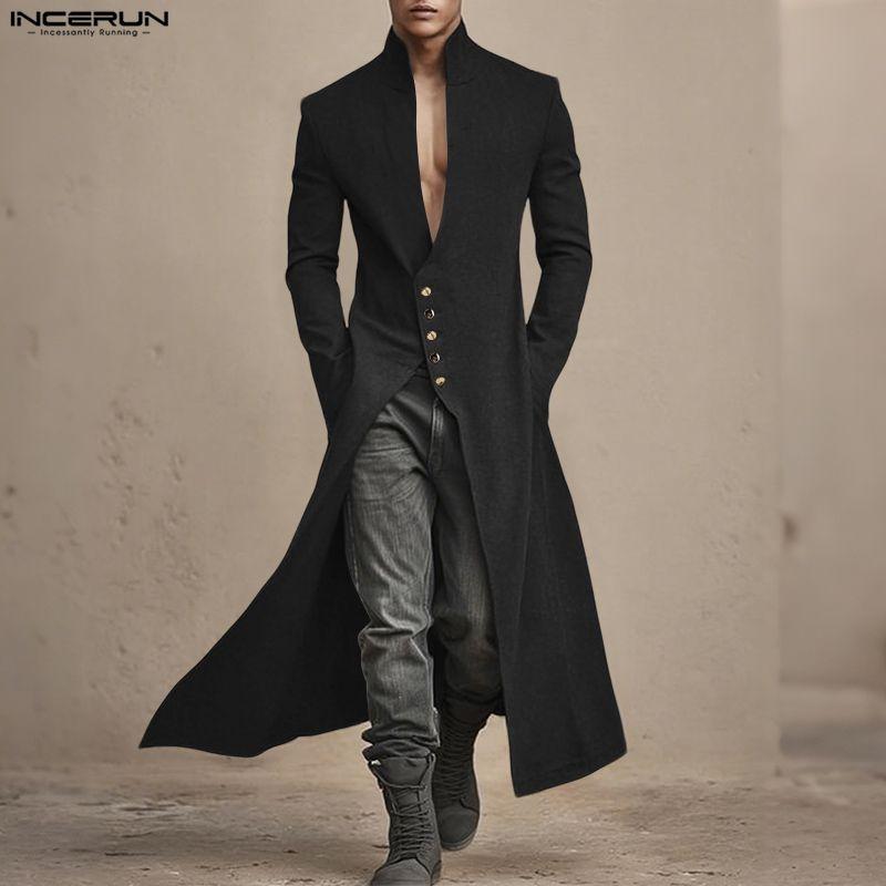 INCERUN Men Turn-down Collar Long Sleeve Button High Splits Long Cardigan Tunic Tops