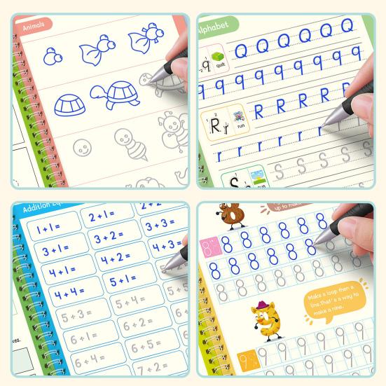 4Pcs Grooved Writing Practice Book with Pens Refills Pencil Gripper Reusable Kids Handwriting Practice Workbooks Alphabet Tracing Learning Book