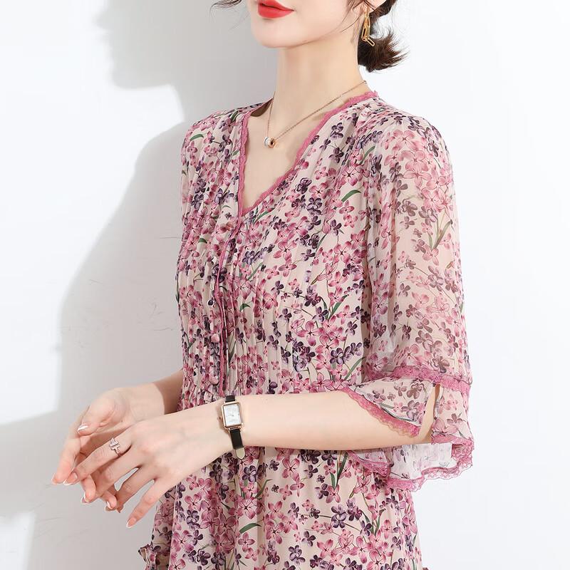 

Golden Chrysanthemum Elegant Floral Mulberry Silk V-Neck Midi Dress L