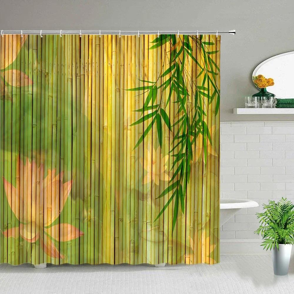 Chinese Style Green Bamboo Series Shower Curtain Set Waterproof Home Bathroom Decor Curtains With Hook Popular Bath Accessories