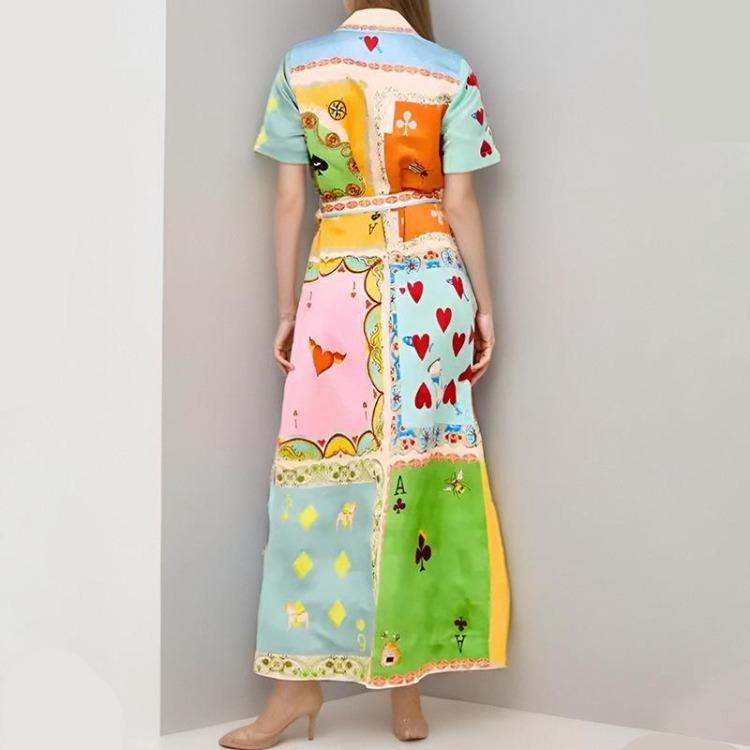New Women's Spring Fashion Cardigan Dress Printed Lapel Strap Design Temperament