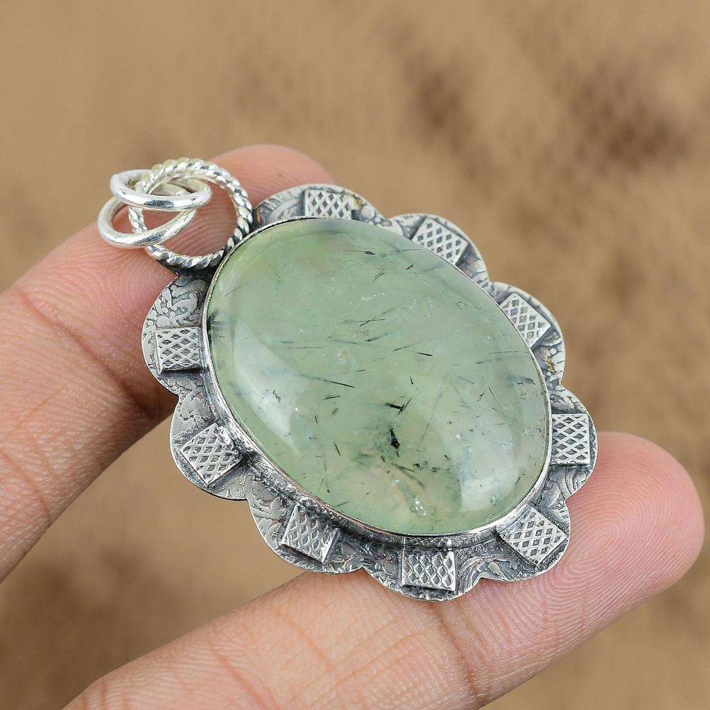 Gift For Her 925 Sterling Silver Natural Moss Prehnite Gemstone Jewelry Pendant