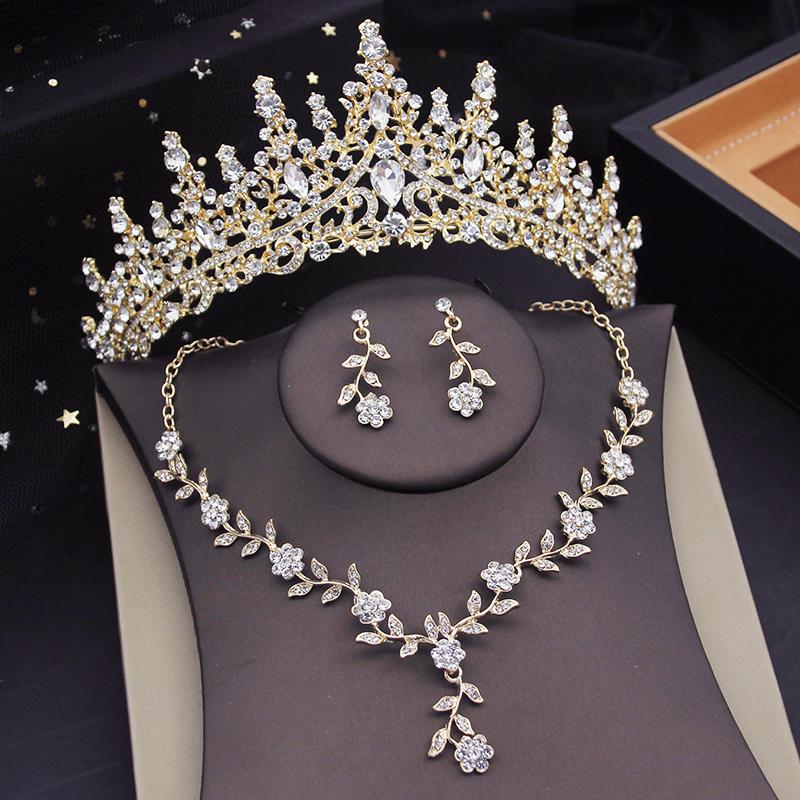 3 pcs Pink Bridal Jewelry Sets for Women Crown Flower Choker Necklace Earring Wedding Tiara Bride Costume Accessories