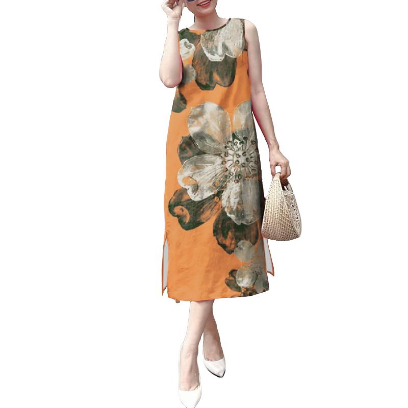 

ZANZEA Женское повседневное летнее платье без рукавов с принтом и круглым вырезом 4XL оранжевый