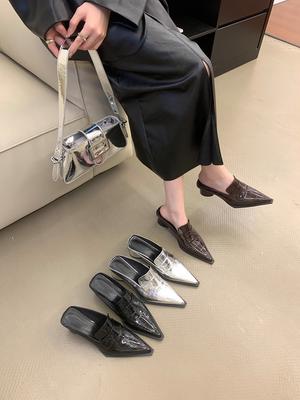 Fashion Fashion Women Slides Slippers Pointed Toe Dress Shoes Round High Heels Black Brown Silver Summer Outside Mules Shoes Woman 35-39