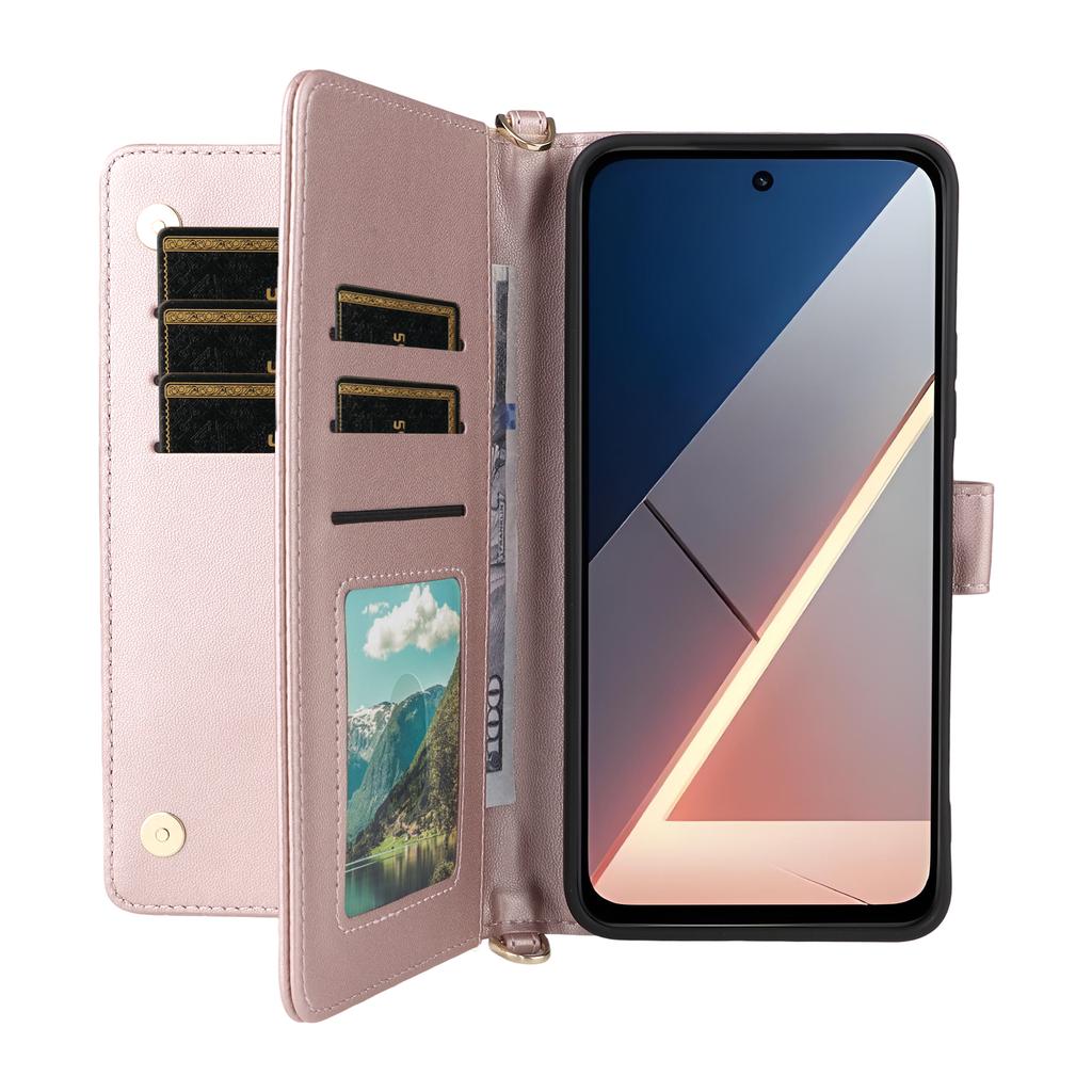 Para Xiaomi Poco M7 Plus 5G/Poco M7 4G (169mm) Capa com Alça de Ombro/Pulso Capa de Couro para Celular Suporte Carteira
