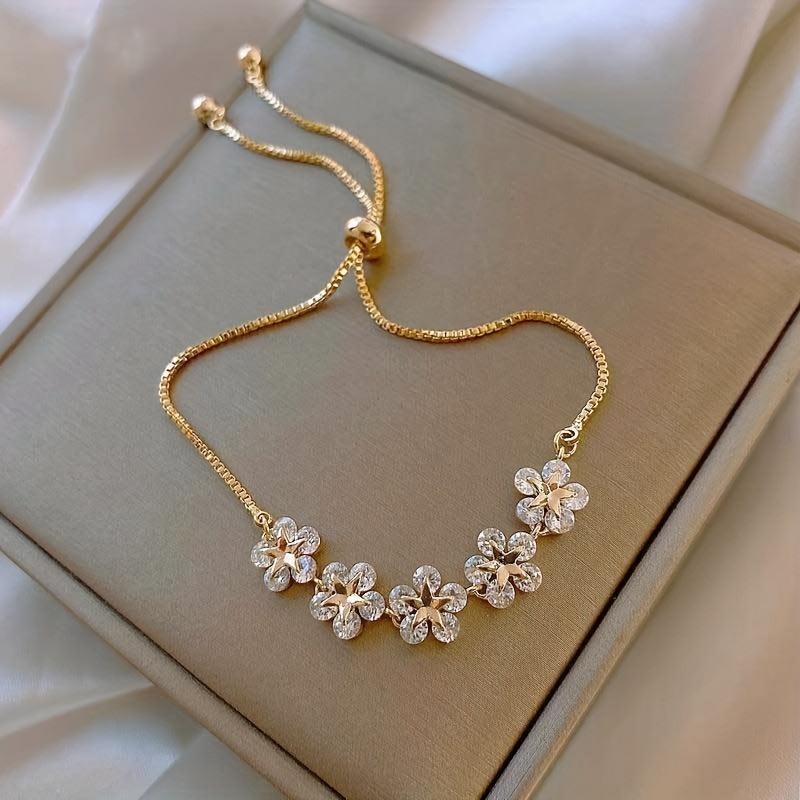 Adjustable Flower Beaded Chain Bracelet Inlaid Shiny Synthetic Zirconia Copper Hand Jewelry Decor for Women