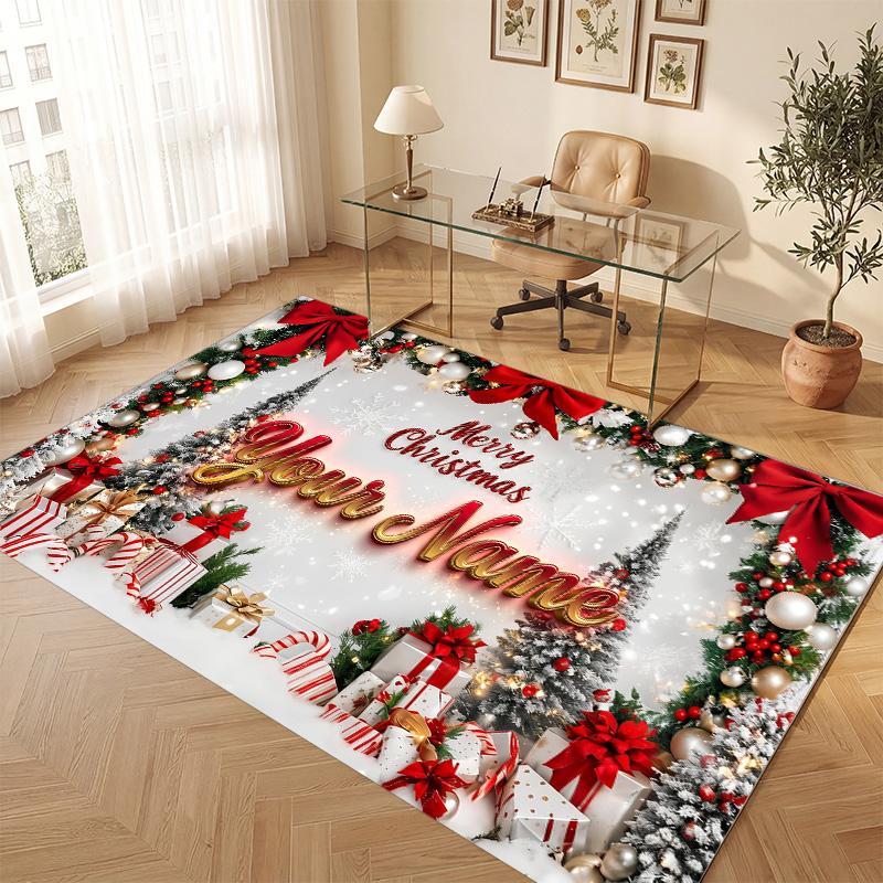 Christmas Theme Soft Crystal Velvet Rug Custom Name & Text Print Non Slip Floor Rug for Bedroom Living Room